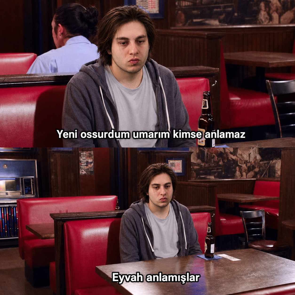 Ediz'in restoranda oturduğu iki kareli mizahi görsel